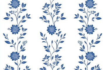 Elegant blue floral pattern with intricate leaves and blossoms on a clean white background, ideal for textiles