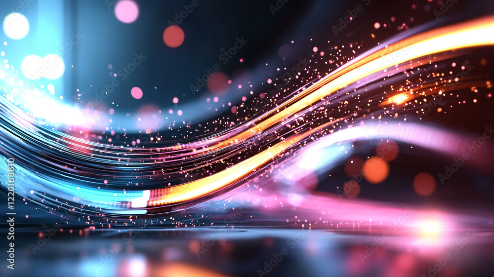 Fototapete Abstract background with vibrant, flowing light trails. Glowing particles and bokeh effects create a dynamic, energetic atmosphere. Ideal for technology, energy, or futuristic themes.