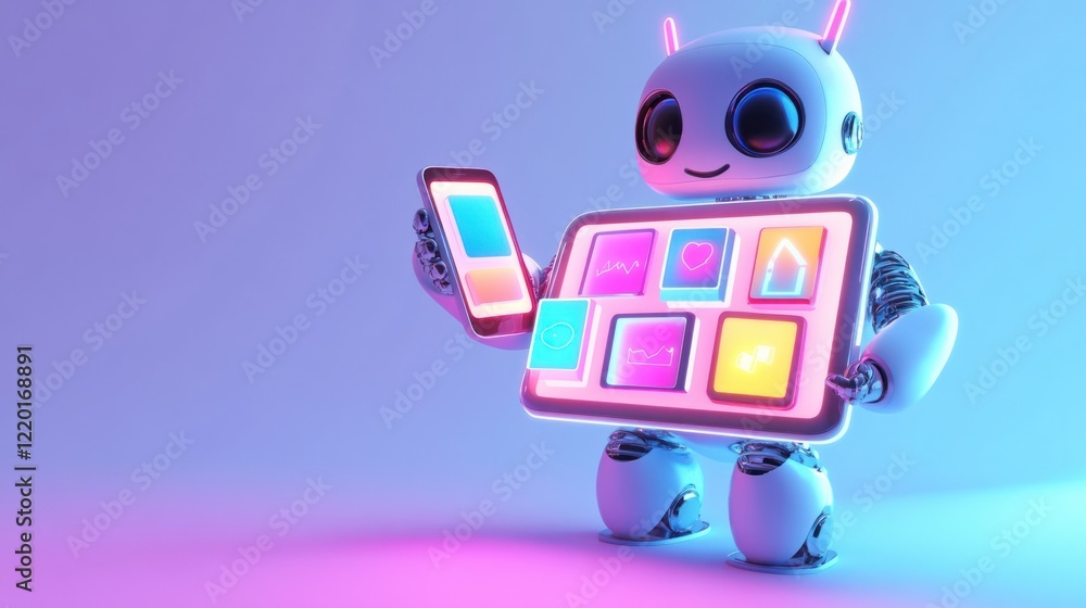 Poster a modern 3d chatbot holding a glowing tablet with diverse image variations displayed in a creative l