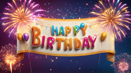 Happy birthday banner with colorful firework background.
