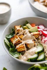 Quinoa salad with roasted tofu, avocado, and tahini dressing in serene setting