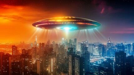 Alien UFO Spaceship Over City at Night