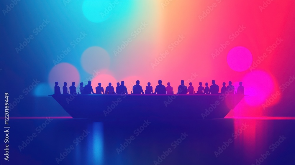 Poster vibrant team meeting with animated characters on digital platform