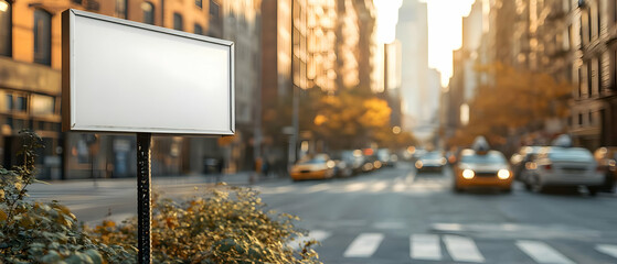 Blank street sign, city backdrop, autumn