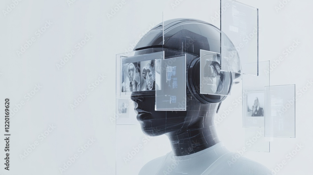 Poster a sleek digital 3d chatbot generating artistic image options on floating transparent screens, creati