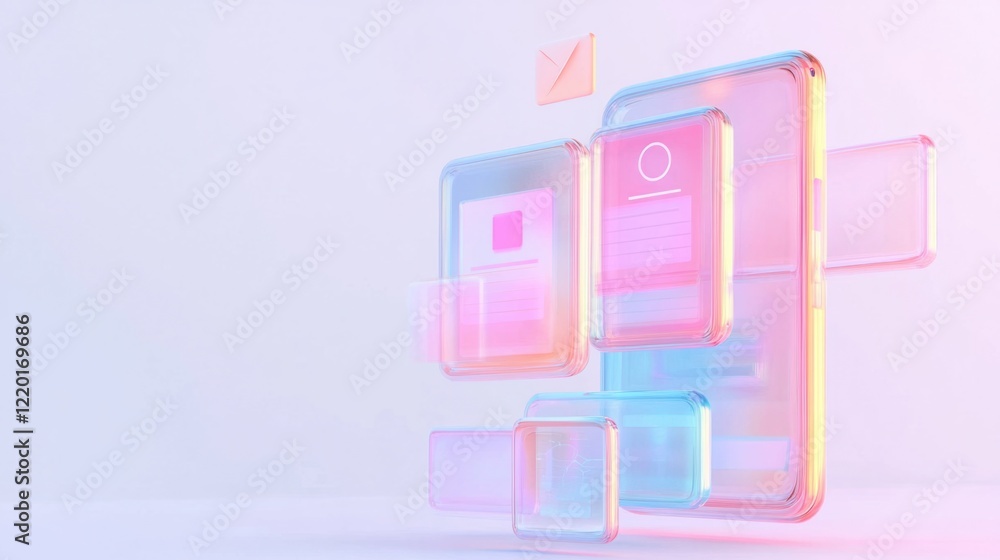 Poster a sleek digital 3d chatbot generating artistic image options on floating transparent screens, creati