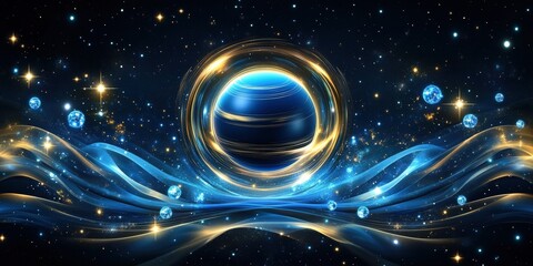 Obraz premium Elegant cosmic wallpaper featuring a central navy blue and gold planet with swirling water-like patterns, surrounded by sparkling blue gemstones and glittering stars on a black background