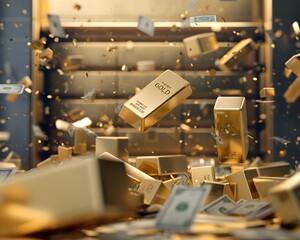 A vault filled with falling gold bars and scattered cash, symbolizing wealth and prosperity in a dramatic scene.