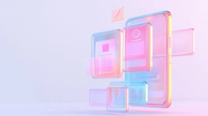 A sleek digital 3D chatbot generating artistic image options on floating transparent screens, creating a futuristic feel, on white