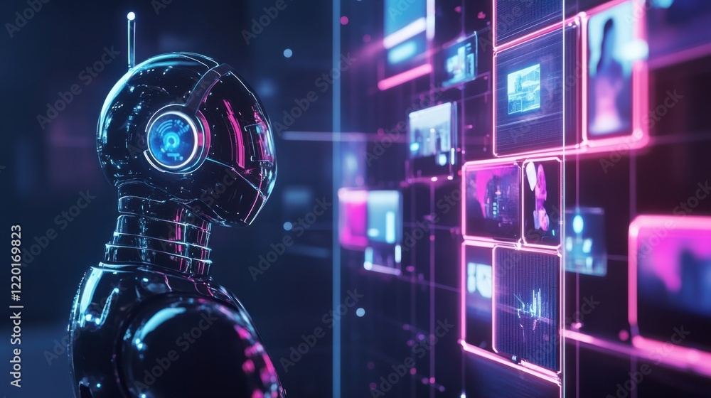 Poster a sleek metallic 3d chatbot with floating image tiles in different color tones and styles, glowing s