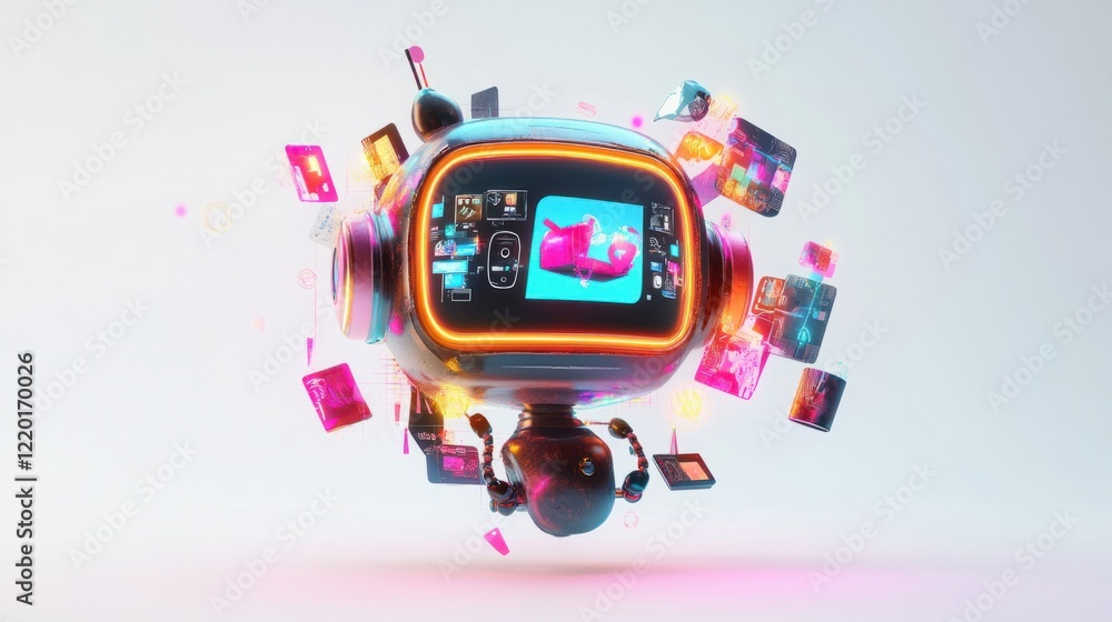 Poster a vibrant 3d chatbot displaying creative image designs on a digital interface, surrounded by glowing