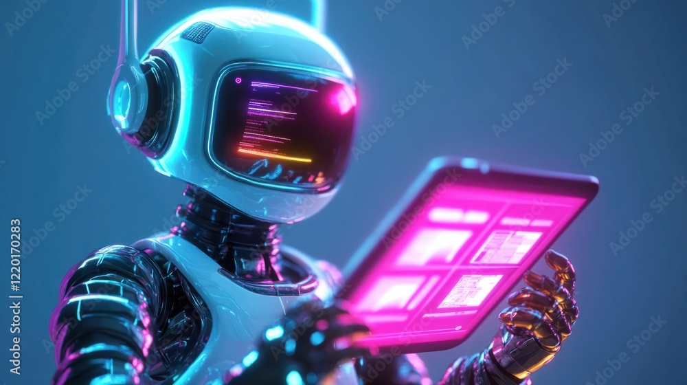 Poster a vibrant 3d chatbot holding a digital pad showing side-by-side image variations in soft glowing ton