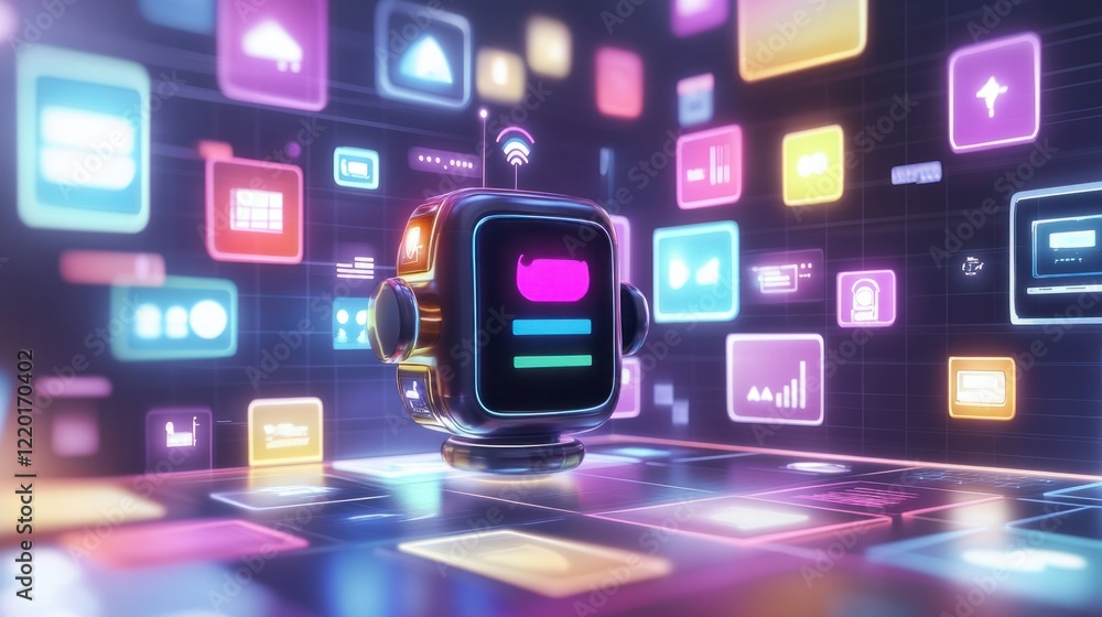 Poster a vibrant 3d chatbot surrounded by a grid of image designs in different colors and styles, glowing s