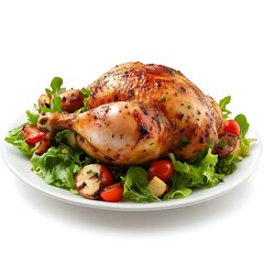 Roasted Chicken with Fresh Vegetables on Plate on White Background