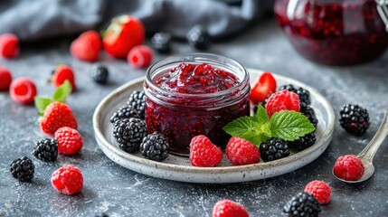 A plate with scones and a jar of mixed berry jam.