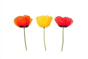 Naklejka premium Vibrant artificial flowers in red, yellow, and orange arranged on a white background for decorative use