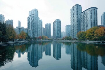 Obraz premium Calm Urban Lake Surrounded by Skyscrapers