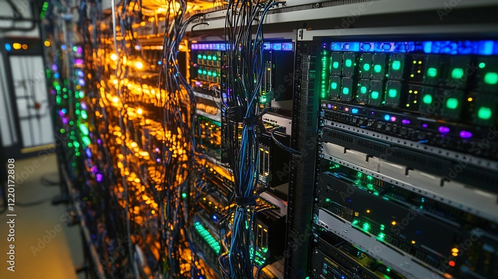 Aufkleber intricate network of servers and cables in a data center