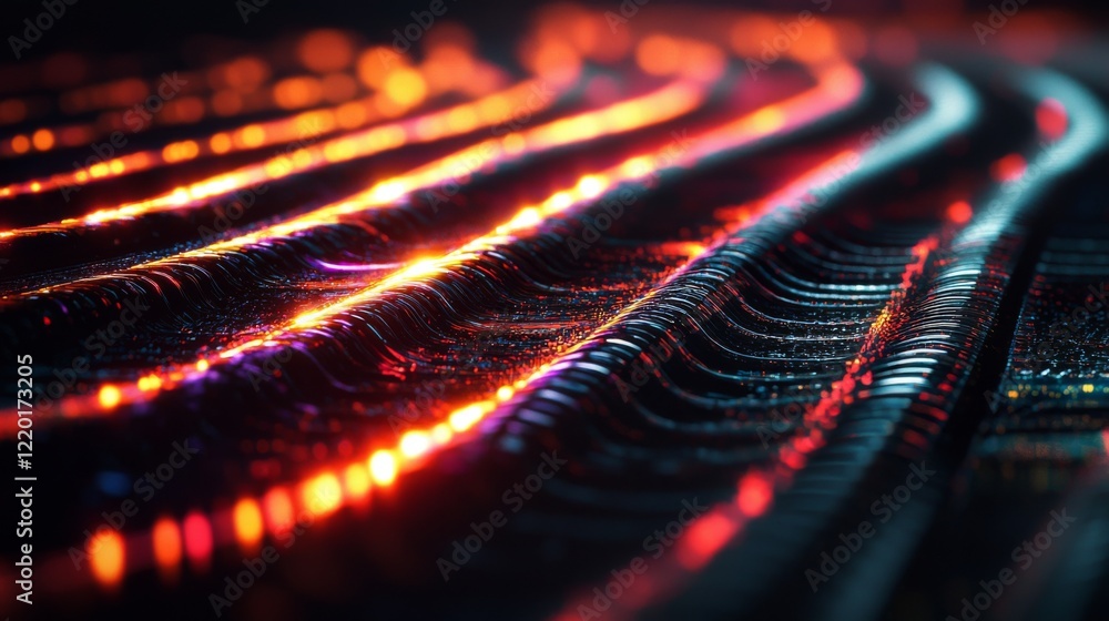 Poster abstract digital waves of light with colorful reflective surfaces in motion for background or design