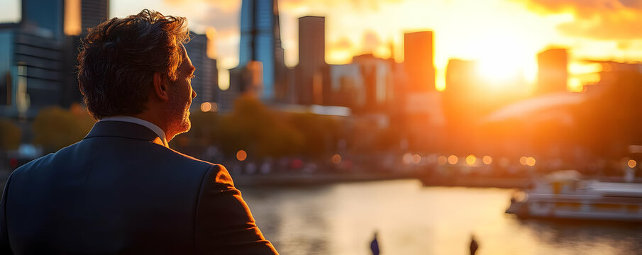 Businessman sunset city waterfront success