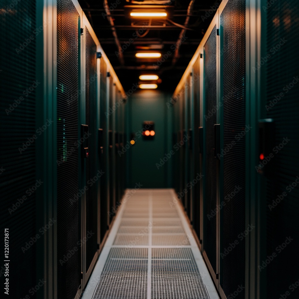 Poster dark server room corridor technology data center network infrastructure servers techn