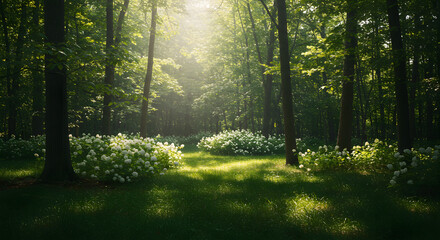 Obraz premium White Flowers Blooming in a Sunny Forest Clearing