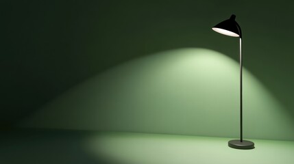 Floor lamp illuminates green room, soft light, minimalist interior design, home decor