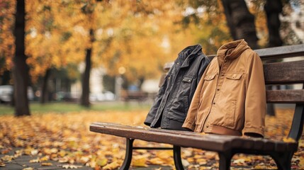 A pair of jackets on a park bench with an autumn backdrop.