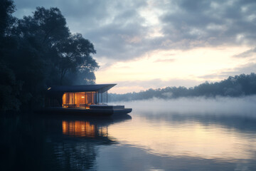 Hydropower lodge nestled by river at dawn with mist and serene reflections