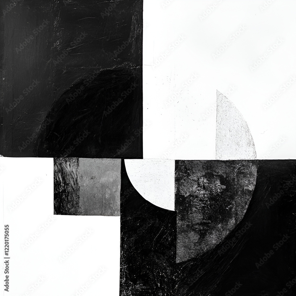 Poster monochromatic abstract: interplay of black and white shapes creating a visually striking abstract ar