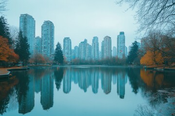 Fototapeta premium Serene Urban Lake Reflecting Skyscrapers in Autumn