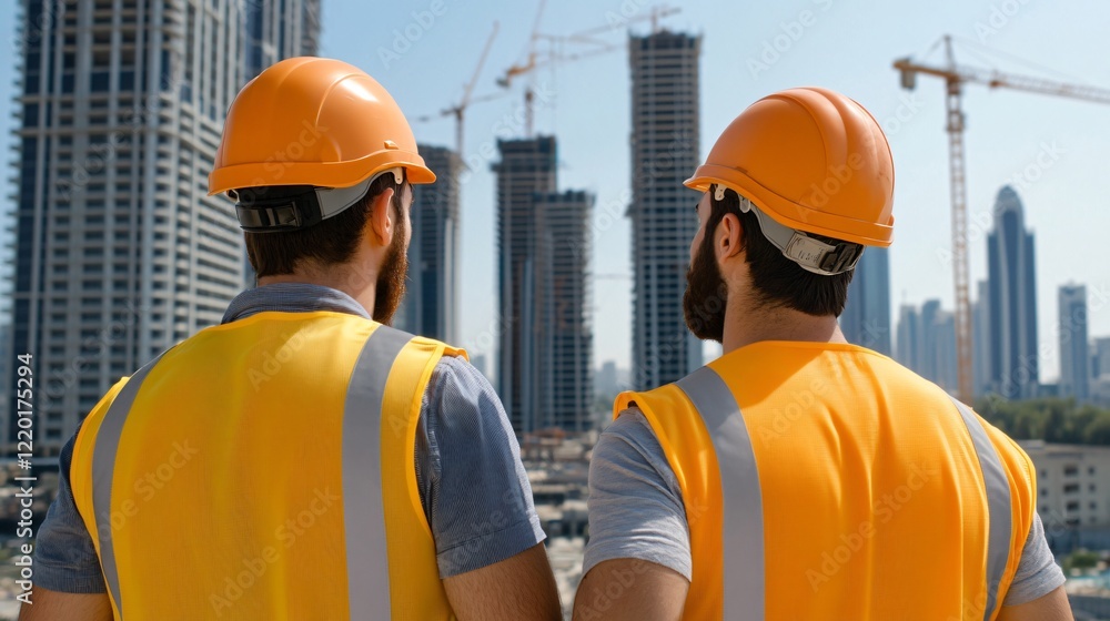 Canvas Prints Two construction workers in safety gear observe a skyline with tall buildings and cranes, showcasing urban development.