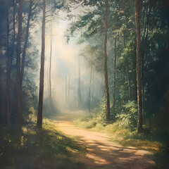 Obraz premium Sunlit Path in the Forest: A winding path disappears into the depths of a lush forest, illuminated by the warm glow of the morning sun streaming through the verdant canopy. 