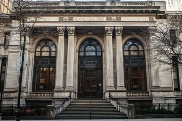 Grand Library with Architectural Details in Urban Setting