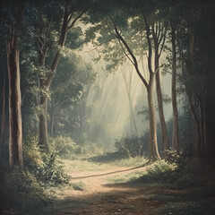 Sunlit Woodland Path: A sunlit woodland path, bathed in the ethereal glow of morning light, winds through a serene forest. The sunlight filters through the dense canopy of leaves.