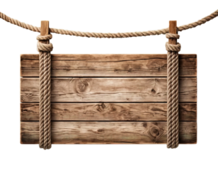 Wooden sign with ropes isolated on transparent or white background, png