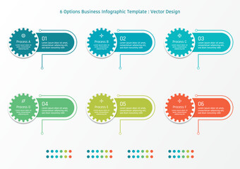 6 options business infographic template, gear in circle frame with capsule shape, also with line and symbols