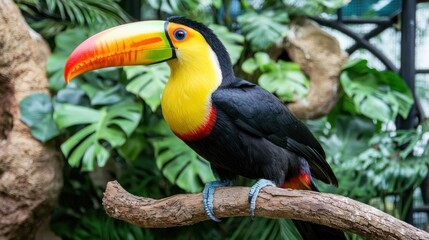 A close-up of a colorful toucan perched on a branch.