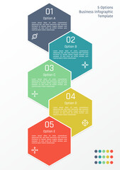 5 options business infographic template, theme of colorful overlapping hexagon frame, also with number and symbols