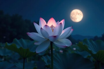 Delicate lotus petals unfolding at full moon night, flower, moonlight