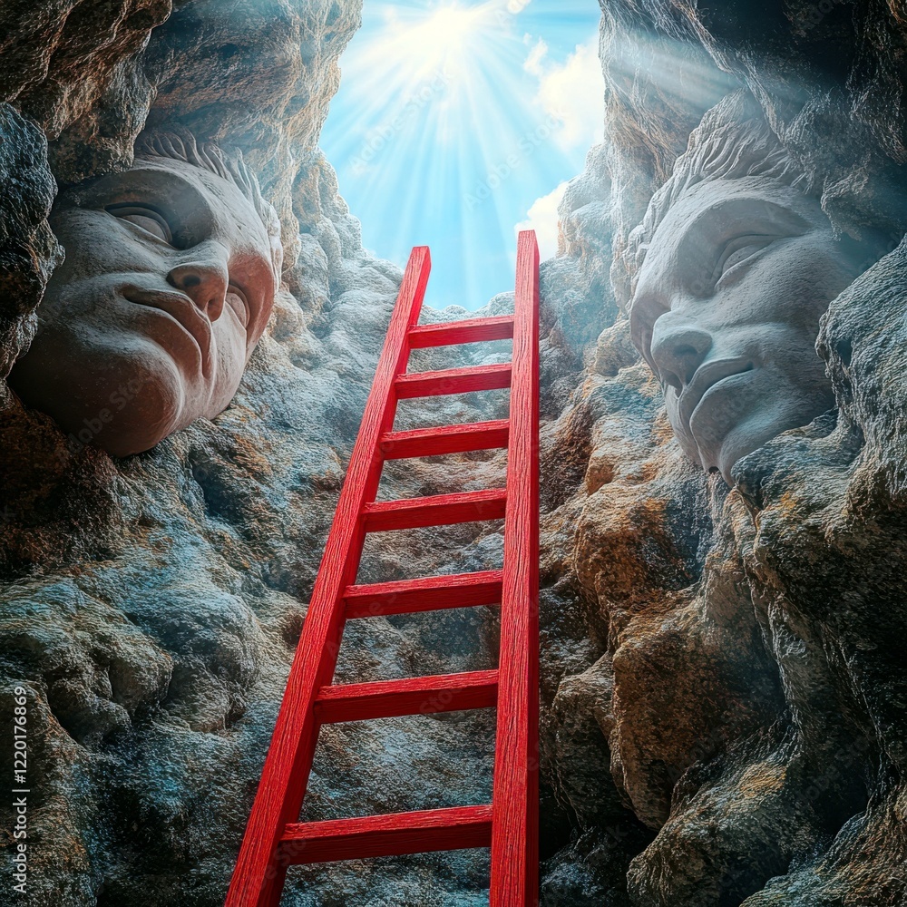 Aufkleber surreal scene of red ladder between two giant faces in cavernous setting with light beaming from abo