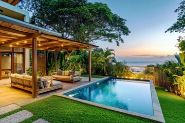 Obraz premium Luxurious outdoor patio and swimming pool with sunset view, modern furniture, lush greenery, and serene atmosphere in a tropical setting