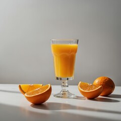 A freshly brewed glass of orange juice with two sliced oranges beside it, set on a white background.
