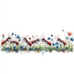 A vibrant watercolor illustration depicting red ants foraging among colorful wildflowers in a lush meadow