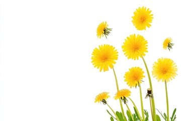 Bright yellow dandelions blooming against a white background, symbolizing spring and renewal