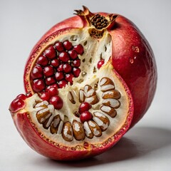 A whole red pomegranate next to one that’s been opened, showing the juicy seeds inside, on a white background.