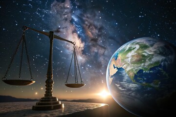 balance scale with glowing light and earth globe. Divine judgment and justice