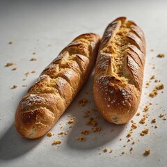 A fresh baguette with a golden crust placed diagonally on a white surface.