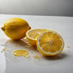 A bright yellow lemon sliced in half, with droplets of juice around it, on a white cutting board.
