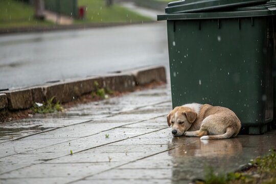 Stray dog rest near trash bin in cold rain. Homeless animal sad scene